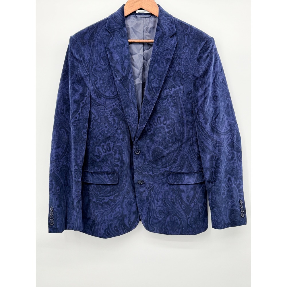 Bar III Blazer Mens 40R Navy Blue Excellent Velvet Paisley Slim Fit TTAY1C0Z12